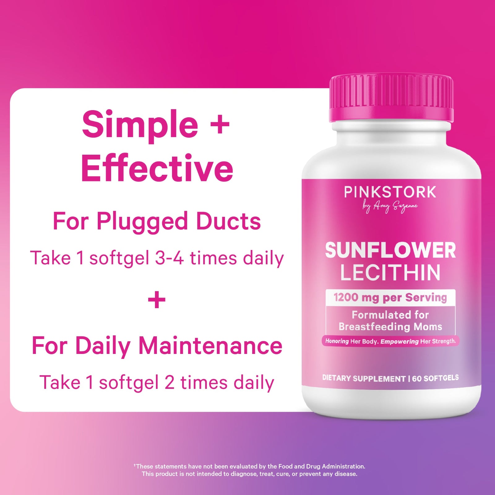 Pink Stork sunflower lecithin supplement bottle on a pink background with text about usage.