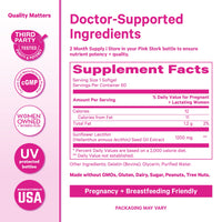 Supplement label with pink and white design, featuring ingredient list and nutritional information.