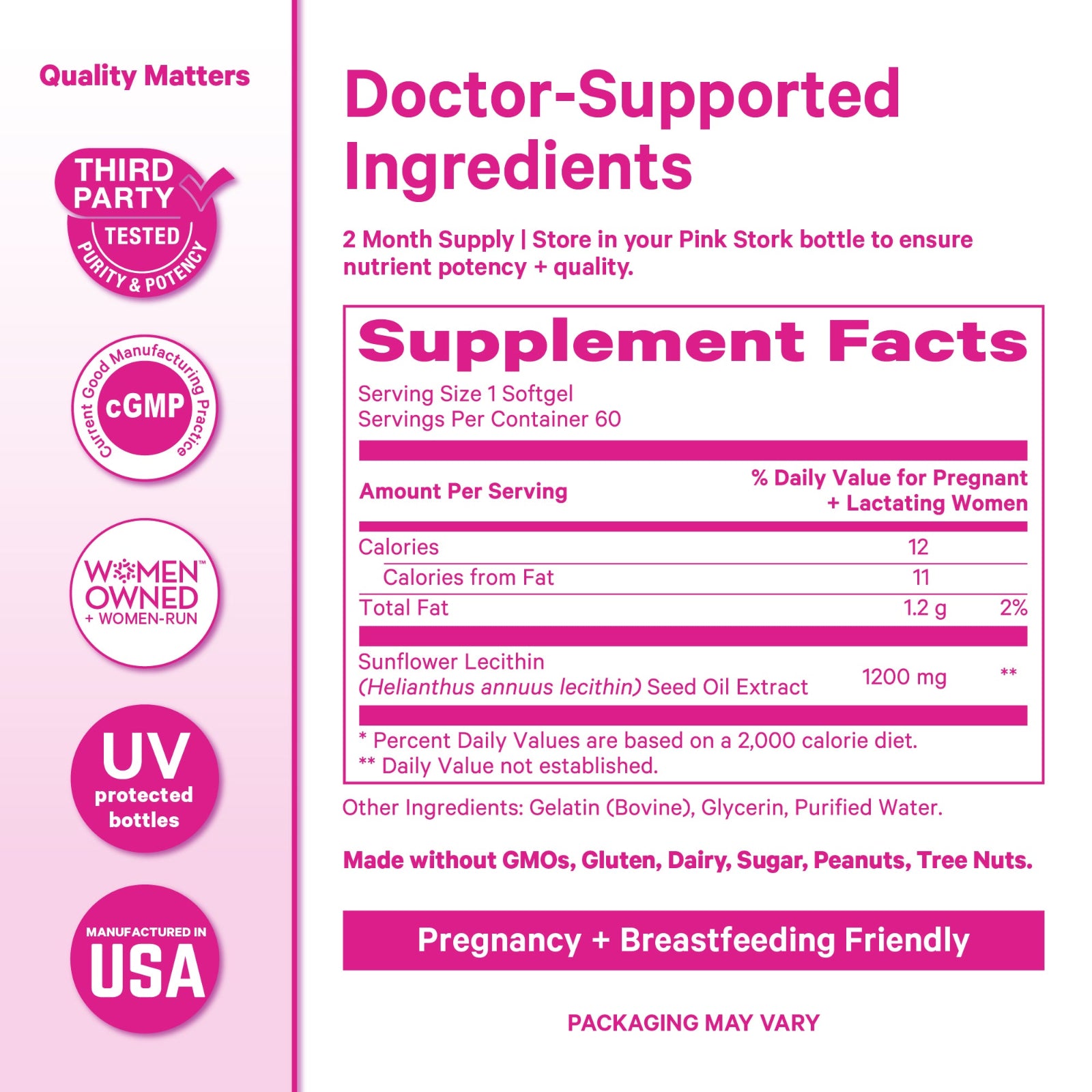 Supplement label with pink and white design, featuring ingredient list and nutritional information.