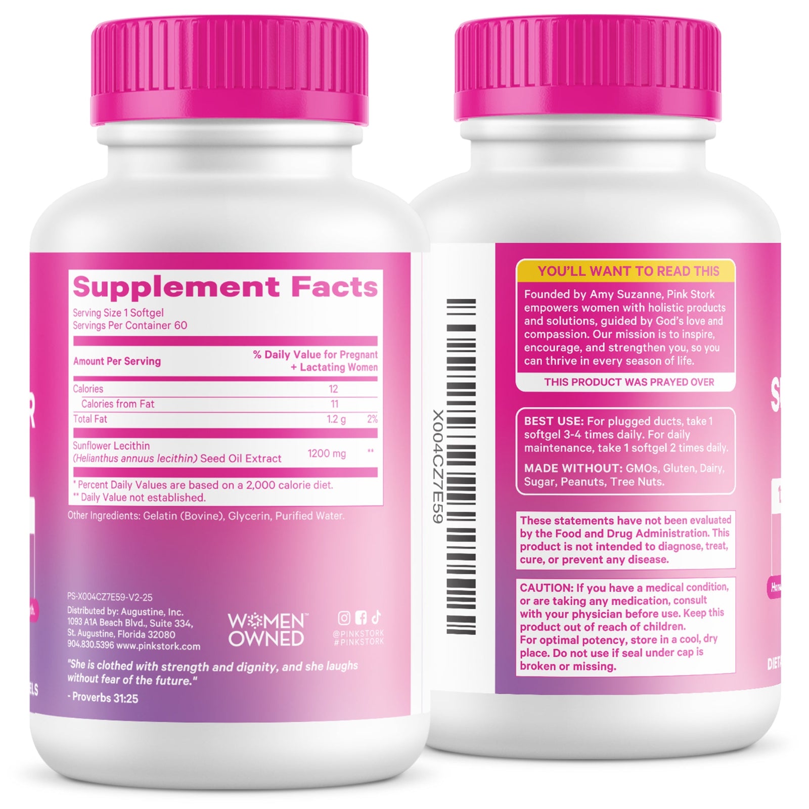 Two supplement bottles with pink caps and labels on a white background