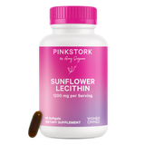 Pink Stork Sunflower Lecithin bottle with capsule leaning against it.