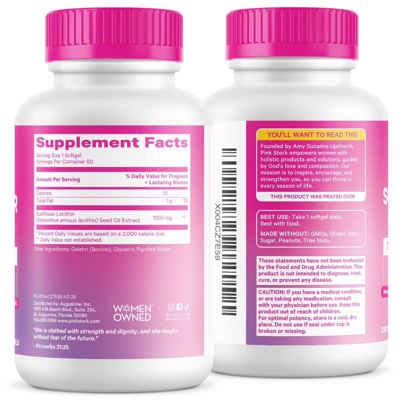 Two supplement bottles with pink caps and labels on a white background