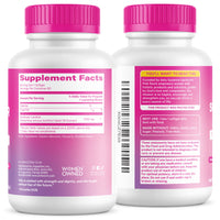 Two supplement bottles with pink caps and labels on a white background