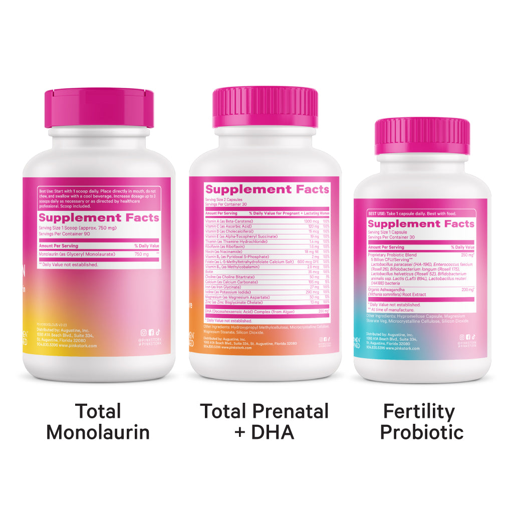 The back of three Pink Stork supplement bottles