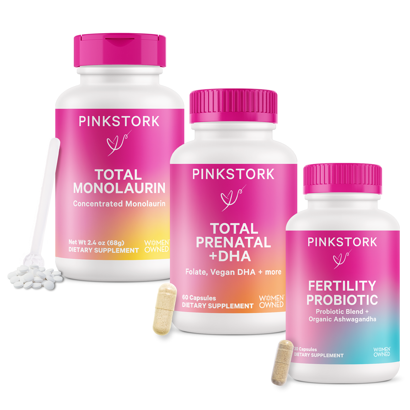 Three Pink Stork supplement bottles labeled as Total Monolaurin, Total Prenatal +DHA, and Fertility Probiotic, against a white background.