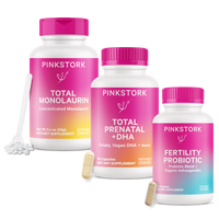 Three Pink Stork supplement bottles labeled as Total Monolaurin, Total Prenatal +DHA, and Fertility Probiotic, against a white background.