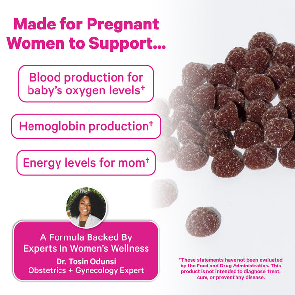 Pink Stork iron gummies listing support features.
