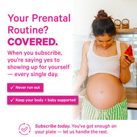 Pregnant woman holding fruit in kitchen representing daily prenatal wellness routine and nutrition support.

