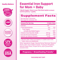 Pink Stork Total Iron Gummies supplement facts panel showing iron, vitamin C, and serving size of two gummies.
