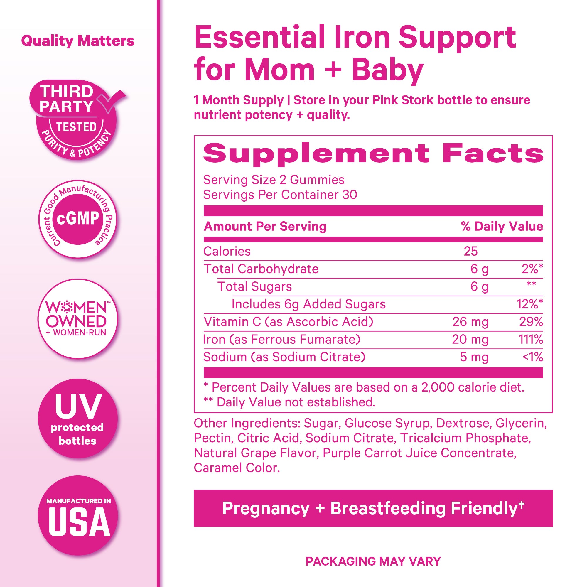 Pink Stork Total Iron Gummies supplement facts panel showing iron, vitamin C, and serving size of two gummies.
