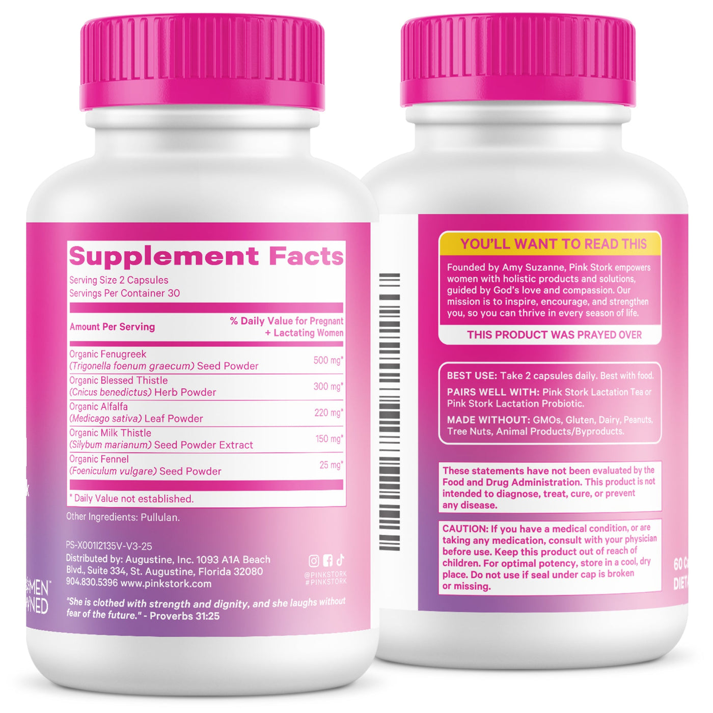 Two supplement bottles with pink caps and labels on a white background