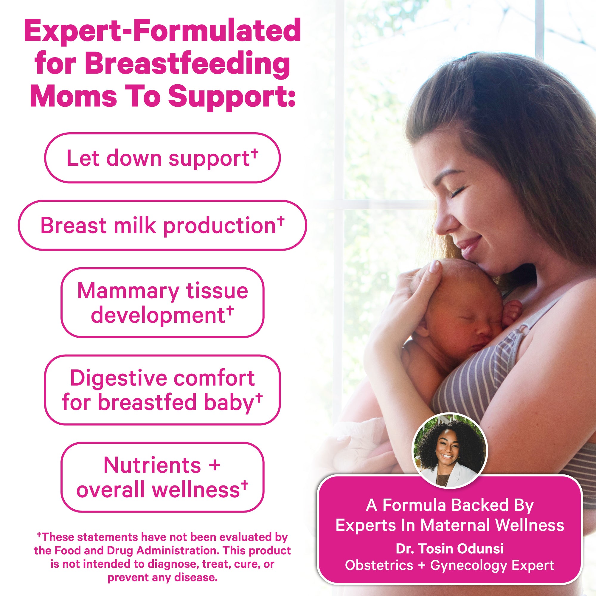 Mother holding a newborn baby with text describing breastfeeding support.