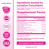 Supplement Facts label for Pink Stork Total Lactation showing ingredients, dosage, and manufacturing quality icons.