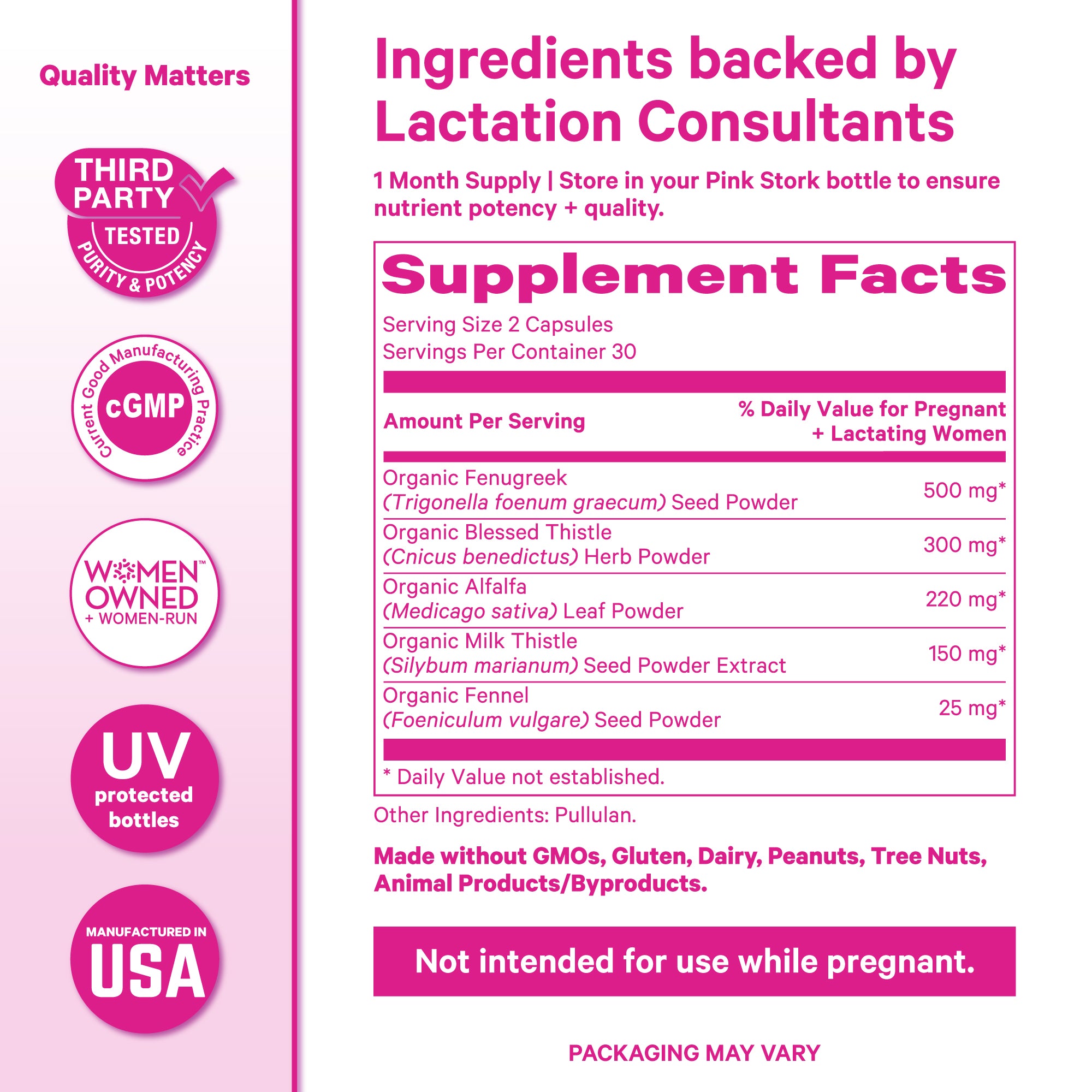 Supplement Facts label for Pink Stork Total Lactation showing ingredients, dosage, and manufacturing quality icons.
