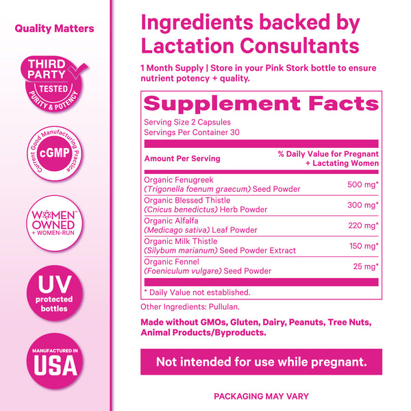 Supplement Facts label for Pink Stork Total Lactation showing ingredients, dosage, and manufacturing quality icons.