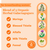 For breastfeeding women. Blend of 5 organic herbal Galactagogues. Moringa, Blessed Thistle, Alfalfa, Milk Thistle, Fennel.