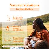 An image of a woman holding her child and gazing out at an open field. Natural Solutions. Let the milk flow. Breast milk production. Prolactin release for milk flow. Breast tissue + mammary gland health.