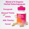 Bottle of Pink Stork Total Lactation with capsules falling around it. Blend of 5 organic herbal galactagogues. List of ingredients.