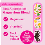 Mighty magnesium. Fast absorption magnesium blend. Magnesium. Vitamin D. Black pepper extract for better absorption. Icons of foods the listed nutrients are found in.