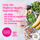 Overhead view of healthy foods on a plan background. Only the highest quality ingredients. No GMOs. No artificial ingredients. No sugar. No artificial flavors. No chemicals. 100% clean + trusted ingredients. Women owned + women run.