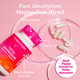 Pink Stork Total Magnesium laying on clear prisms with capsules spilled out next to the bottle. Fast absorption magnesium blend. Black Pepper Extract for faster absorption.