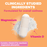 A close up of a capsule of Total Magnesium and closeups of Magnesium and Vitamins D. Clinically studied ingredients formulated for overall wellness. Contains Vitamins D for maximum magnesium absorption.