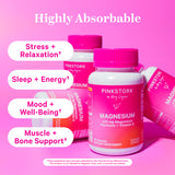 Pink Stork Magnesium bottles leaning against each other. Highly absorbable. List of benefits.