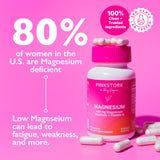 Pink Stork Magnesium bottle with capsules on top and surrounding the bottle. 80% of women in the U.S. are Magnesium deficient - low Magnesium can lead to fatigue, weakness, and more.