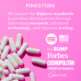 Pile of vitamin capsules. List of logos of press that has featured Pink Stork.