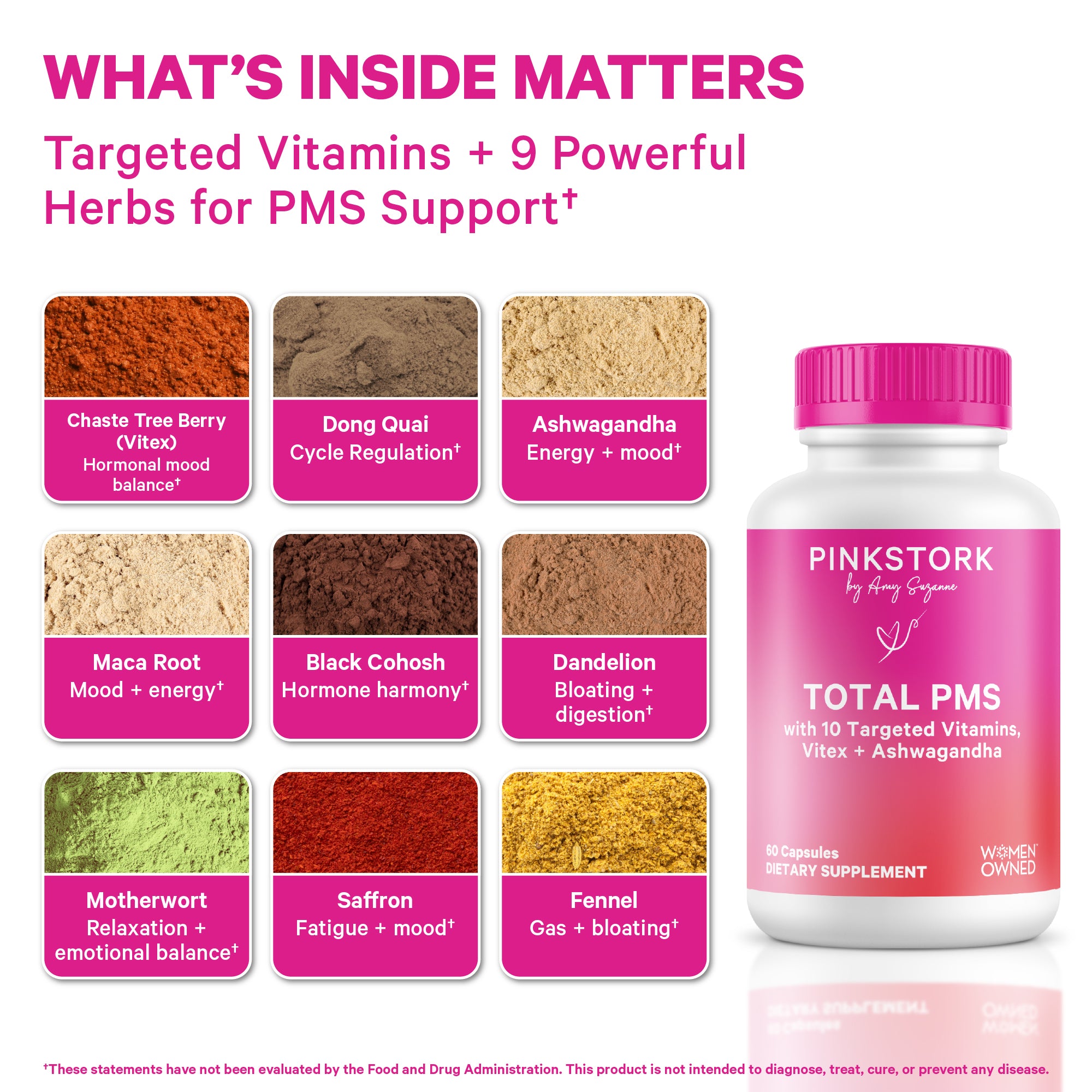 Pink Stork Total PMS supplement bottle with herbal ingredients including vitex, maca, ashwagandha, dong quai, black cohosh, saffron, fennel, motherwort, and dandelion.