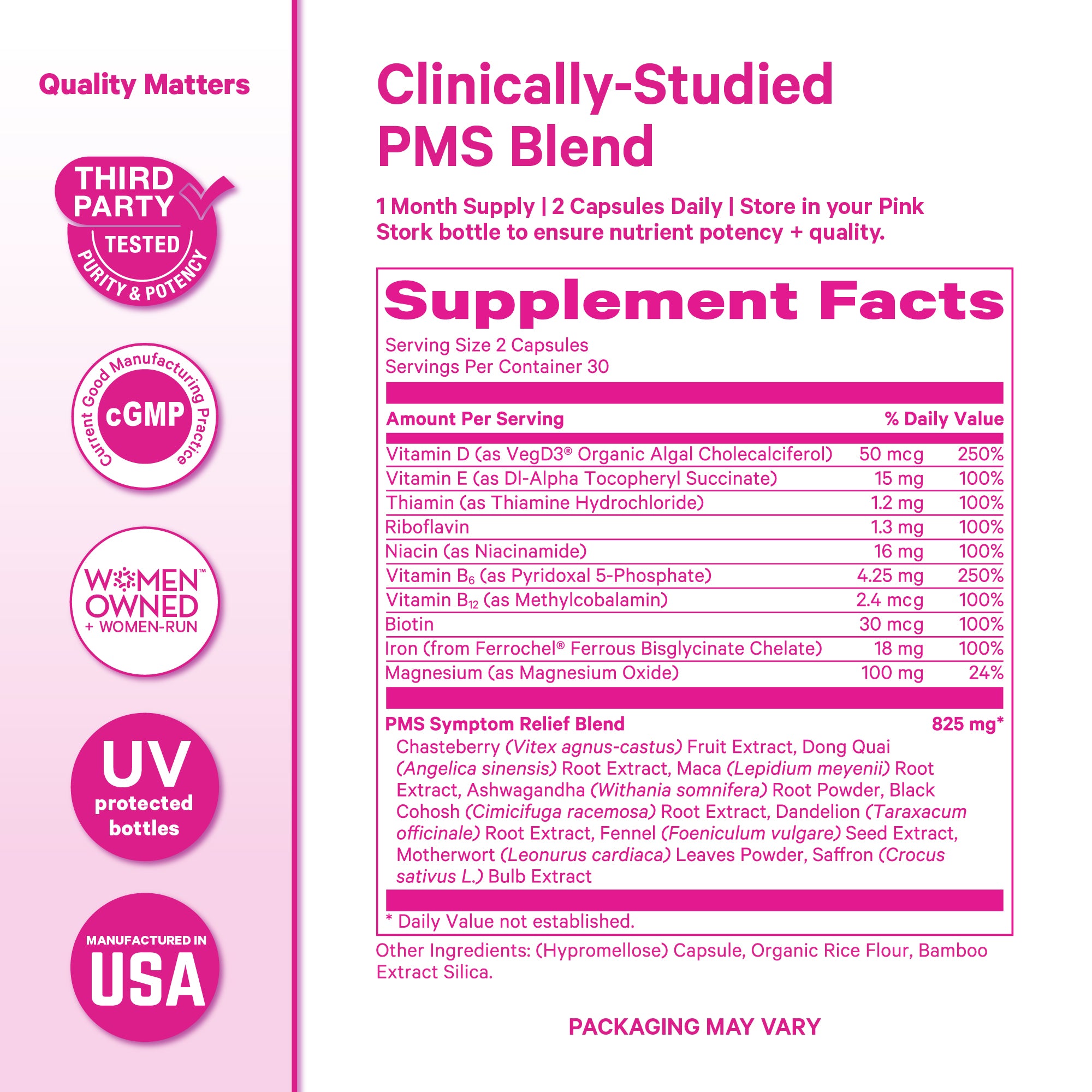 Pink Stork Total PMS supplement facts panel showing vitamins, minerals, and herbal blend for women’s wellness support.