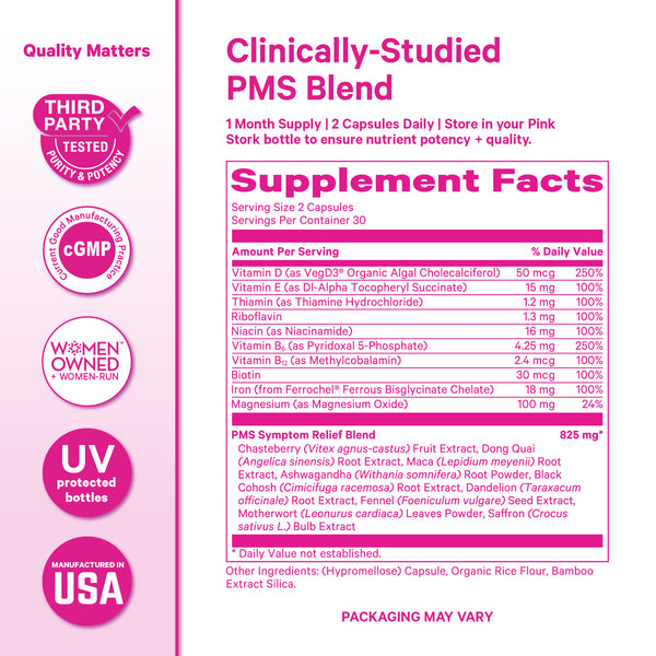 Pink Stork Total PMS supplement facts panel showing vitamins, minerals, and herbal blend for women’s wellness support.