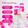 PMS can bring...Occasional cramps, mood swings + irritability, bloating + acne, hormonal fluctuations. Pink Stork Total PMS bottles on white background with clear prisms.