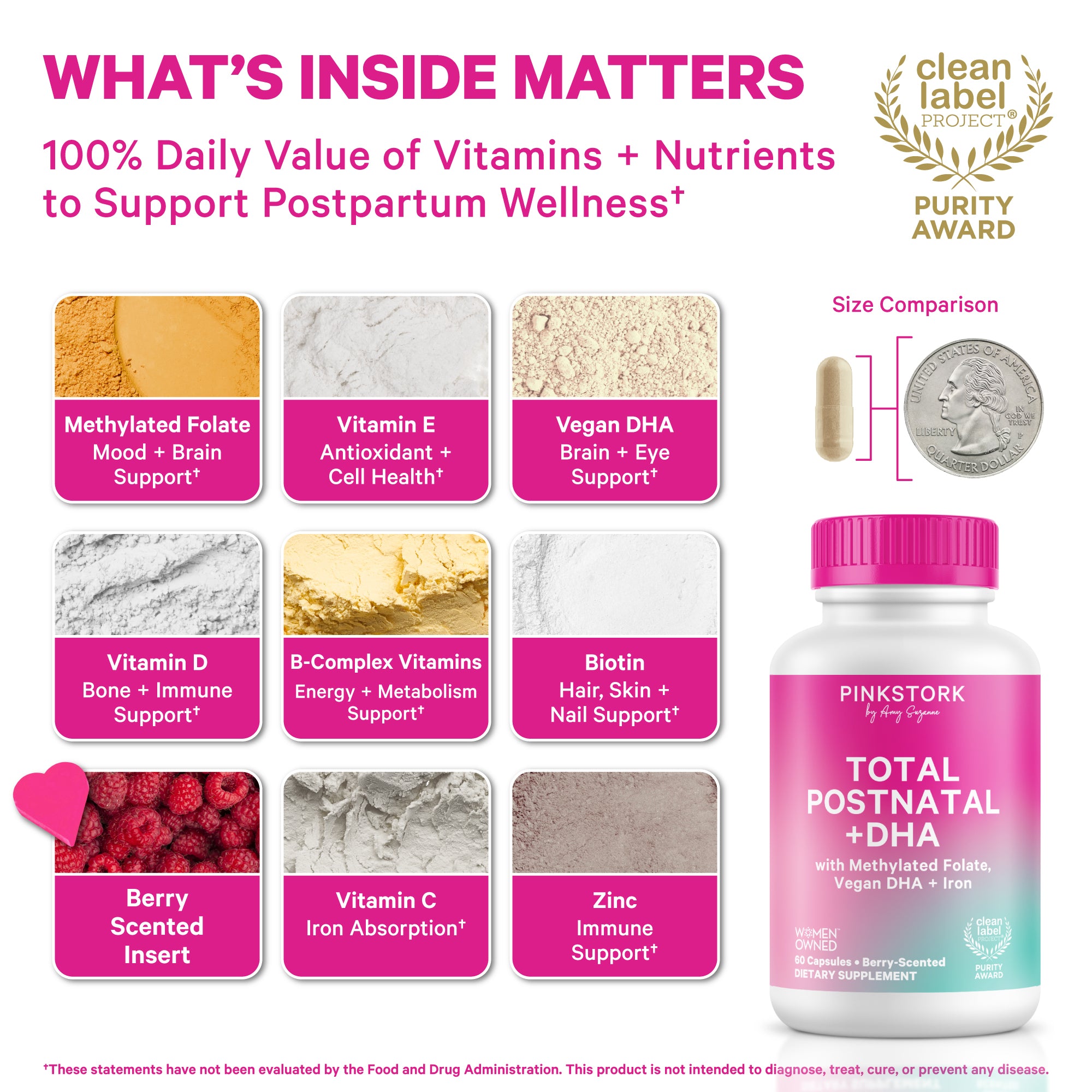 Supplement packaging with vitamins and nutrients for mom and baby, featuring Pink Stork brand.