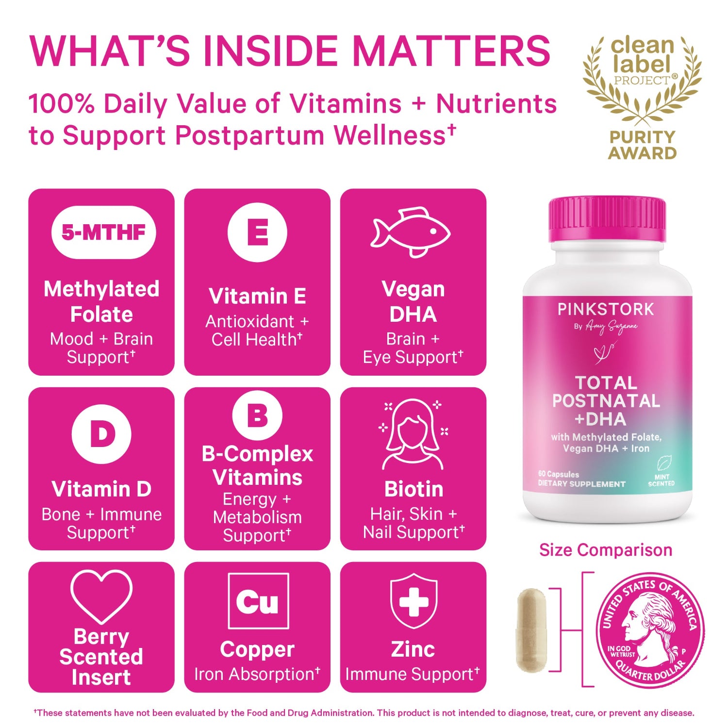 Supplement bottle with vitamins and nutrients to support postpartum wellness, featuring a purity award.