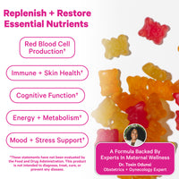 Gummy vitamins shown alongside text listing benefits.