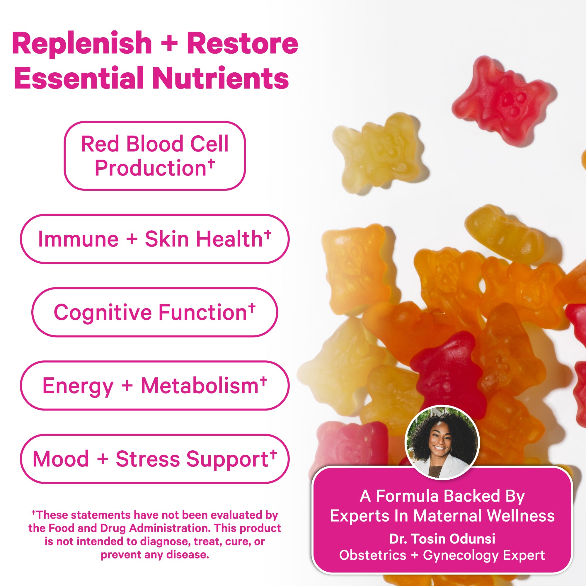 Gummy vitamins shown alongside text listing benefits.