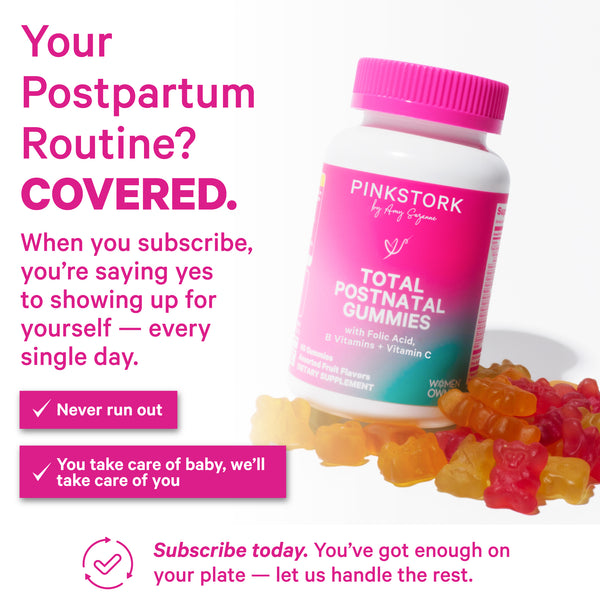 Pink Stork Total Postnatal Gummies bottle with fruit-flavored gummies and text about subscribing for daily postpartum support.