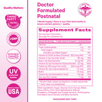 Supplement facts label for Doctor Formulated Postnatal gummies on a pink gradient background with logos and text.