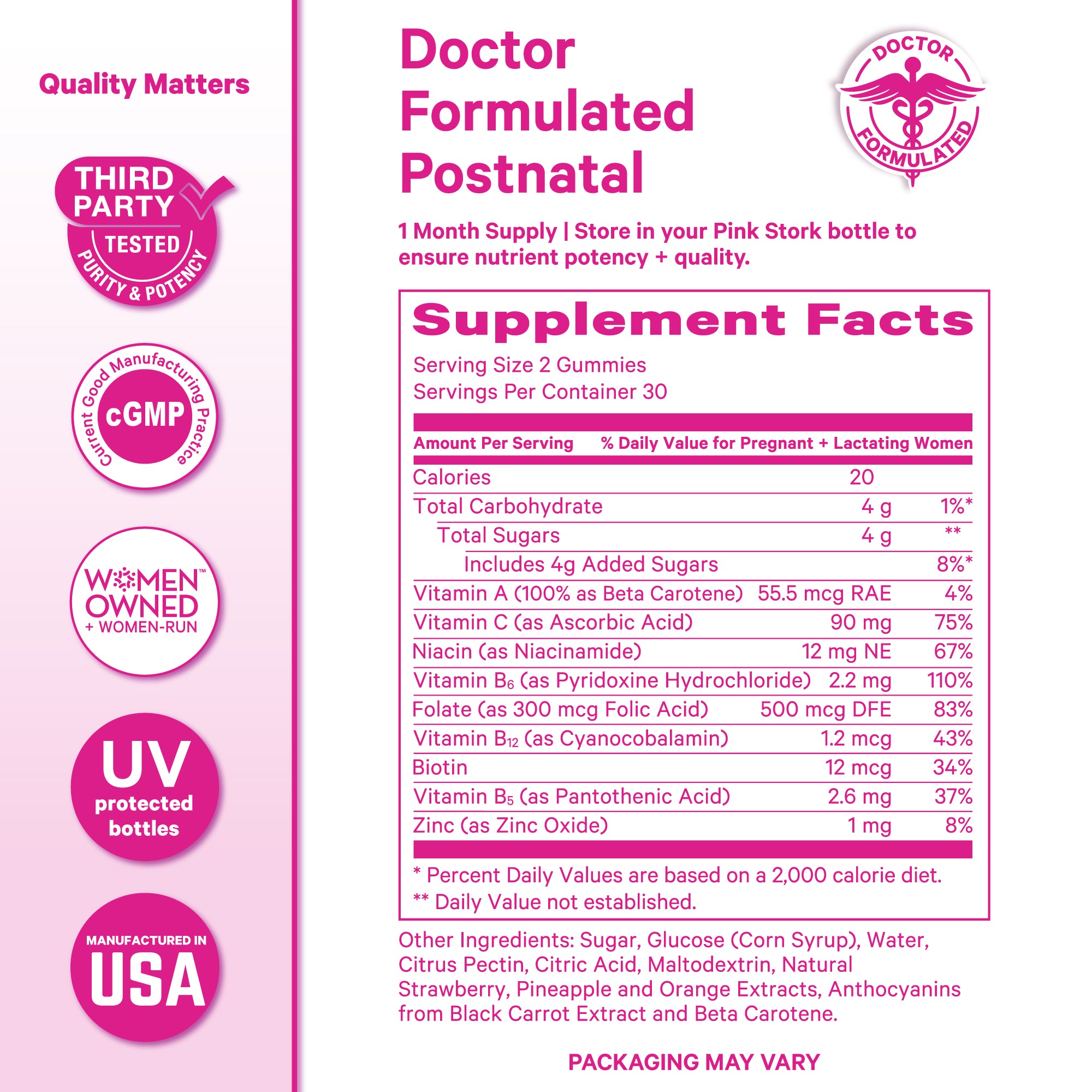 Supplement facts label for Doctor Formulated Postnatal gummies on a pink gradient background with logos and text.