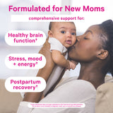 African American woman holding up her baby and kissing it's cheek. Formulated for new moms. Comprehensive support for healthy brain function, postpartum recovery, and more.