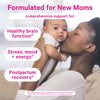 African American woman holding up her baby and kissing it's cheek. Formulated for new moms. Comprehensive support for healthy brain function, postpartum recovery, and more.