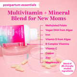 Pink Stork Total Postnatal laying on it's side with capsules spilling out. Multivitamin + mineral blend for new moms with listed out ingredients. Blend of 20 clinically studied ingredients.