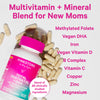 Bottle of Pink Stork Total Postnatal laying on a pile of capsules. Multivitamin + mineral blend for new moms. Blend of 20 clinically studied ingredients.