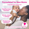 African American woman holding up her baby and kissing it's cheek. Formulated for new moms. Comprehensive support for health brain function, postpartum recovery and more.