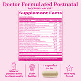 Pink Stork Total Postnatal supplement facts panel.