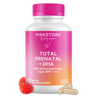 Pink Stork Total Prenatal + DHA supplement bottle with pink cap and label on a white background.