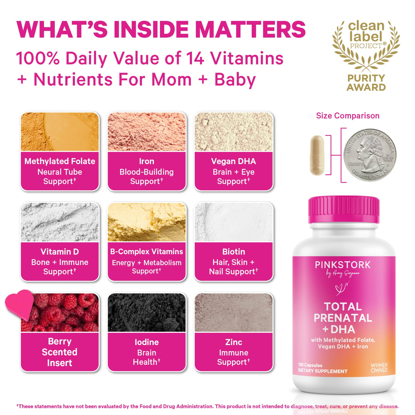 Pink Stork prenatal supplement with ingredients and purity award on a white background