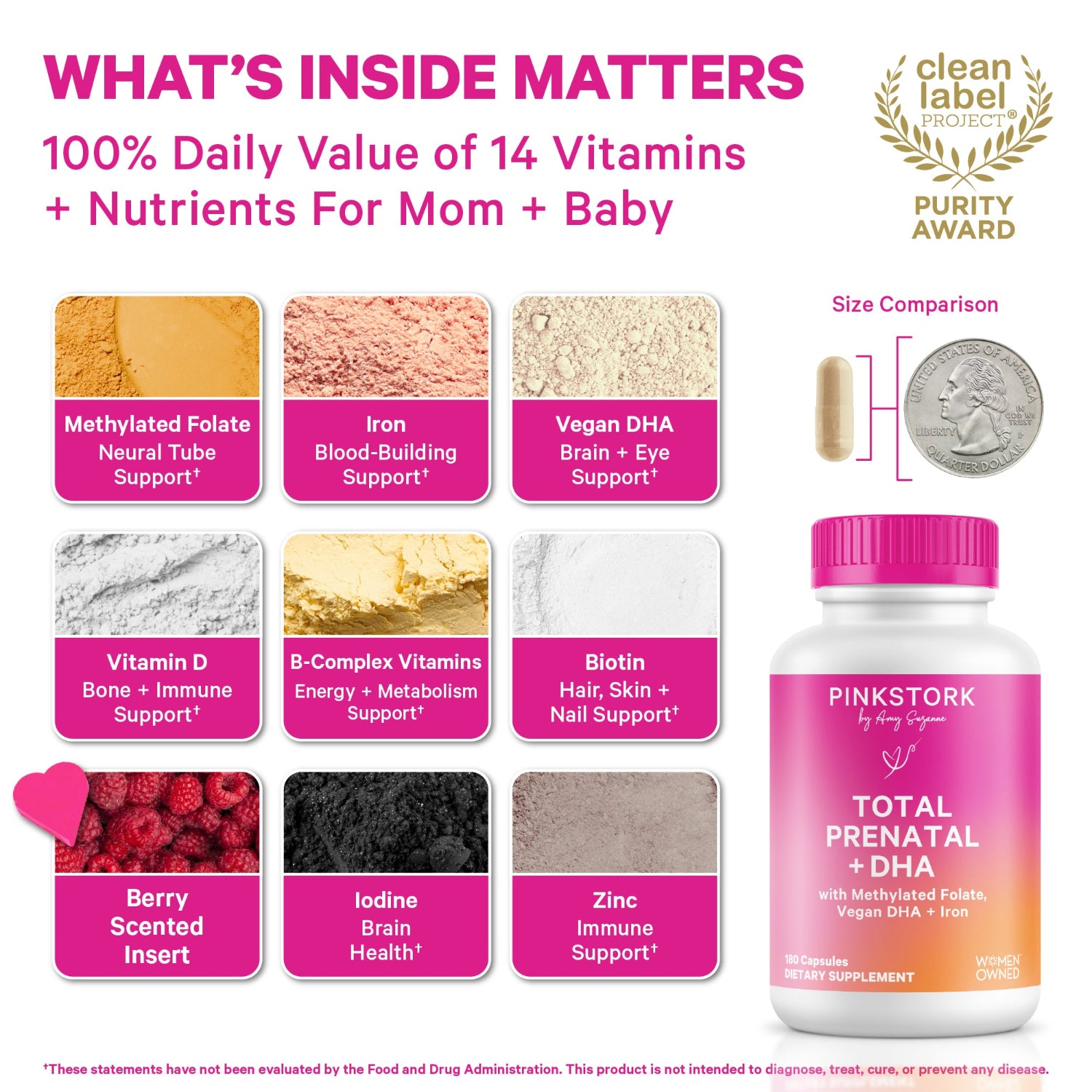 Pink Stork prenatal supplement with ingredients and purity award on a white background