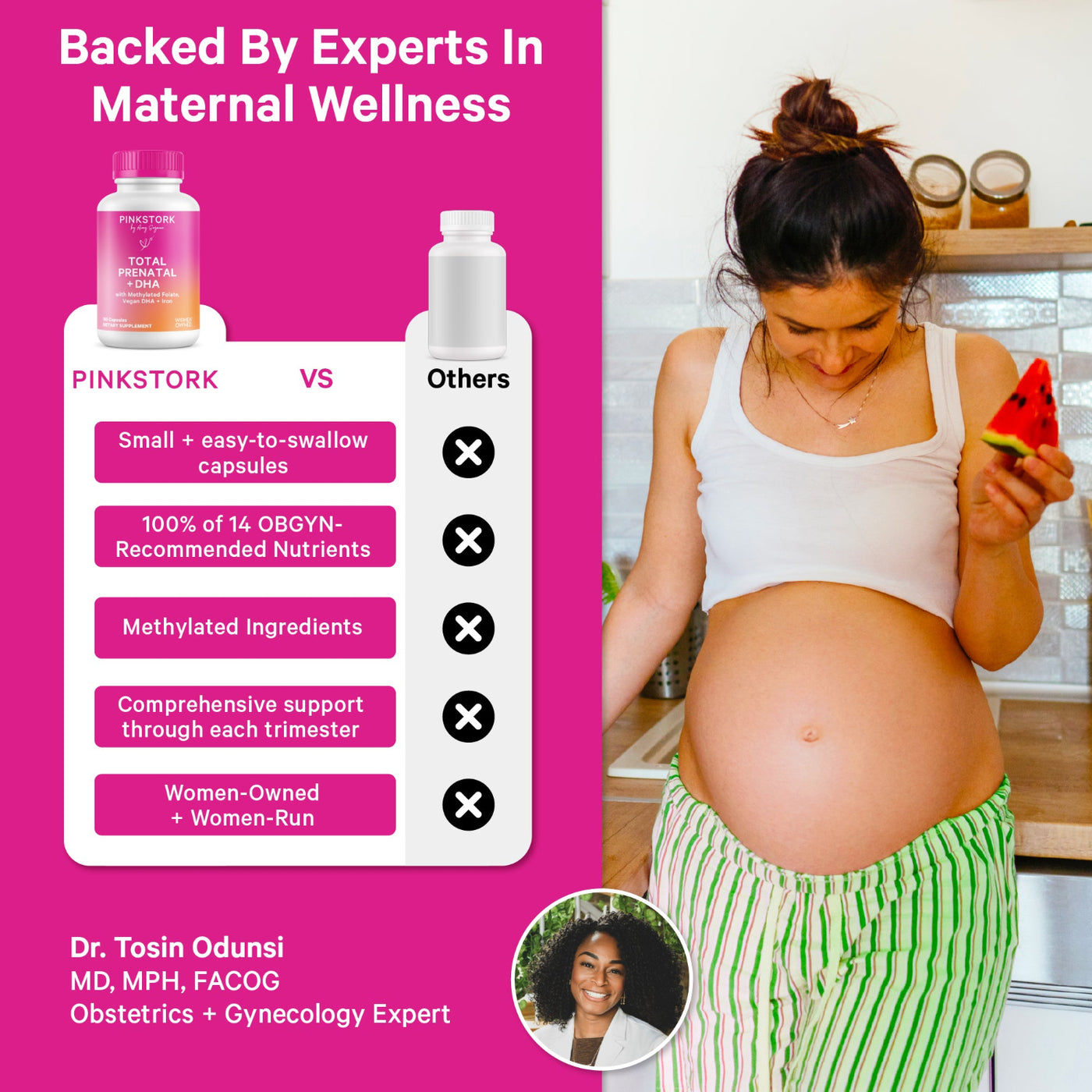Pregnant woman holding a watermelon with Pink Stork product and comparison chart on a pink background.